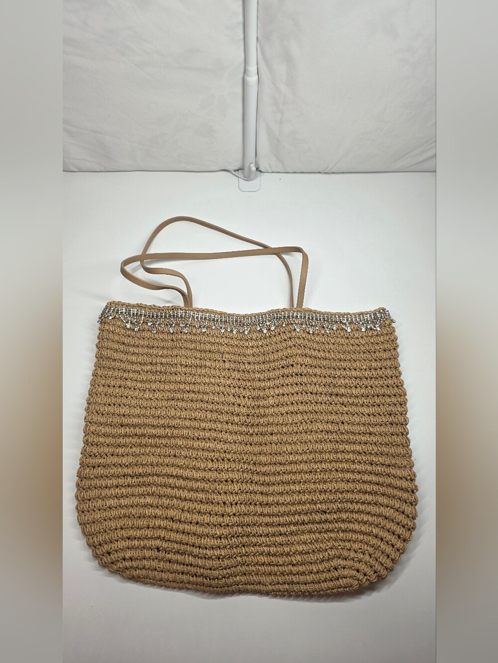 Raffia Shoulder Bag with Jeweled Trim